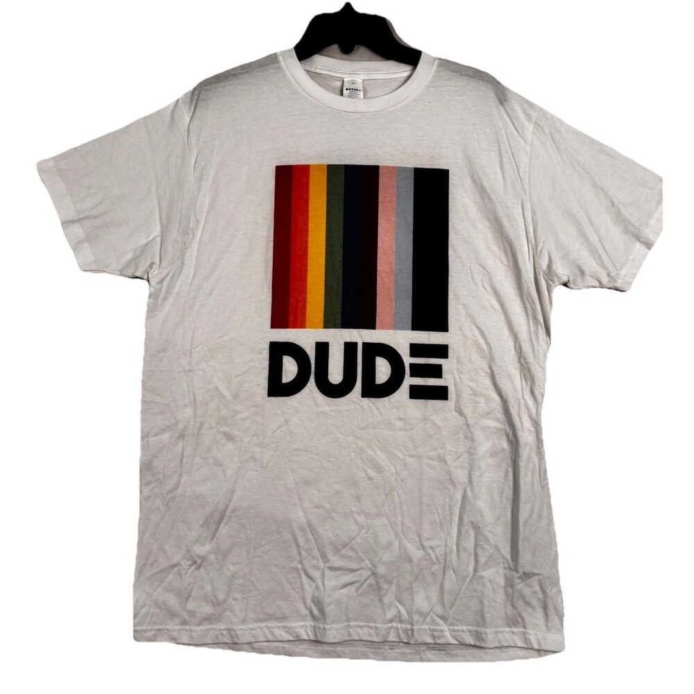 Dude Rainbow Stripe Graphic T Shirt White Unisex Tee Pride Love Wins Size GD